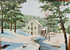 1992 Original Oil Painting on Canvas by H C KNEBEL RIVER through snowy Gristmill