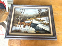 Vintage Original Oil On Canvas Deer In Winter Landscape Signed REX 1995 Framed