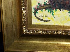 Authentic ORIGINAL Baby Owl Bird Brown Beige Happy Limb Tree Signed Oil Canavas