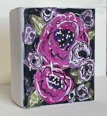 Mary Myers Original Art Block Abstract Purple Peonies on Black Reclaimed Wood