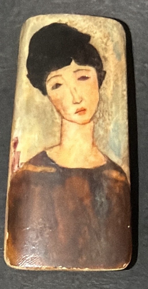 Young Seated Girl With Brown Hair Modigliani Painting On Bone Miniature 1918 @2”