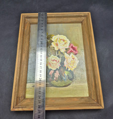 Vintage Still Life Oil Painting Yellow Roses Flowers Framed Wood Wall Art
