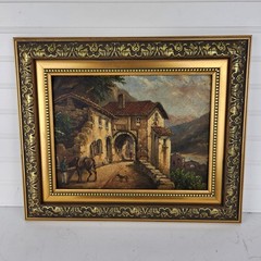 Vintage Original Oil Painting Framed Rustic Village Scene Man Donkey Dog