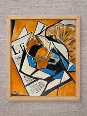 Original 11×14 Acrylic Canvas Cubist Cafe Coffee Cup Newspaper Pastry Painting