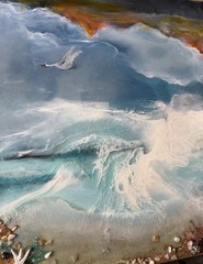 Contemporary Diptych Canvas Seascape Ocean Wave Painting Seashells Resine