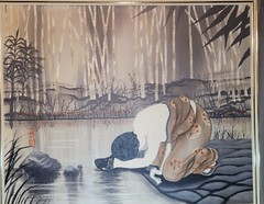 VTG Chinese Women Washing, Bamboo Oil On Canvas Framed Painting Signed 38″ x 46″