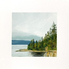 8×8 PNW Original Oil Painting Seascape Pacific Ocean Coastal Pine Trees Signed