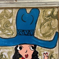 Mid Century Whimsical Folk Art Cow Girl Portrait by So Cal Artist Miguel Chavez