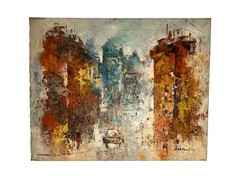 Vintage MCM Impressionist Cityscape Oil Painting by Edward Barton 16”x20” Signed