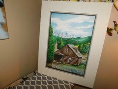 Mountain Log Cabin w/ White Picket Fence Original Watercolor Signed Mark Hufford