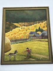 ANTIQUE AMERICAN FOLK ART REGIONALISM PAINTING FARM LANDSCAPE CHILDREN 24 INCH