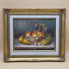 Vintage Still Life Oil Painting Fruit Basket Apple Pear Grapes Framed Art Signed