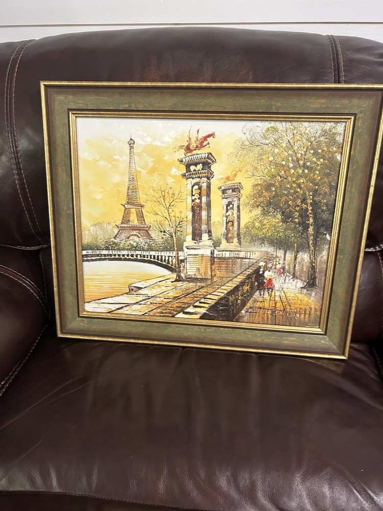 Paris Oil Painting Eiffel Tower Bridge Autumn Scene Framed Wall Art