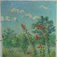 1948 Miniature Floral Landscape Oil Painting Lobelia Flowers Marsh 8×6 Goddard