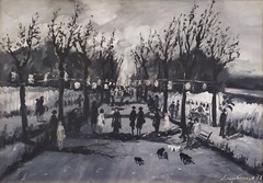 Large Original Black and White Oil Painting Italian Village Landscape Figures