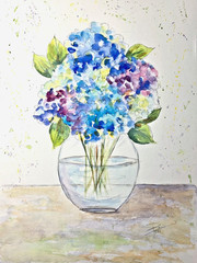 Pretty Hydrangeas in Glass Vase, Beautiful Unique Watercolor Painting, 15×11″