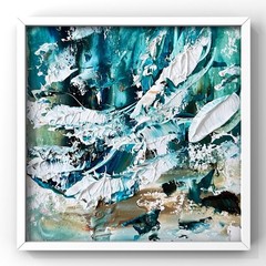 Turquoise Blue Expressive Abstract Seascape Oil Painting Stormy Sea Framed Decor