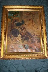 RARE Original Antique OOAK Folk Art~OIL PAINTING~BACHMANN DOG Cock ROOSTER~c1890