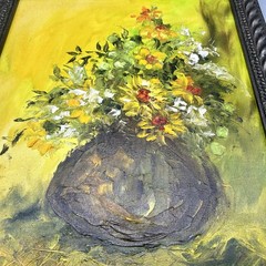 Vintage Mid Century Original Impasto Floral Oil Painting Pewter Frame 19.5×24”
