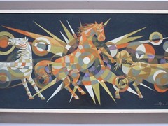 Mid Century Modern Painting Horses Cubist Cubism Abstract Modernism Listed Art