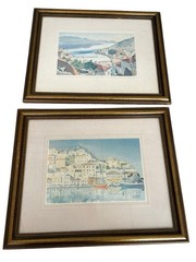 VTG Lot 2 Coastal Town Landscape Boats Scene Watercolor Painting – Signed/Framed