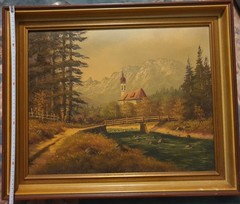 Original Oil Painting Landscape Village Church Signed 49x59cm Oil On Canvas Picture