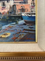 VTG Italy Mediterranean Port Oil Painting on Canvas Signed Artist Andrea Savino
