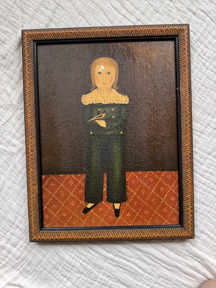 Vintage 1989 Original Oil on Canvas Mary Beth Baxter Little Boy Holding Bird