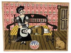 1930s Mother Child & Cat Morris Hirshfield Style Outsider Folk Art Painting
