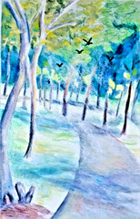 Art original landscape park path and trees painting on paper mixed media