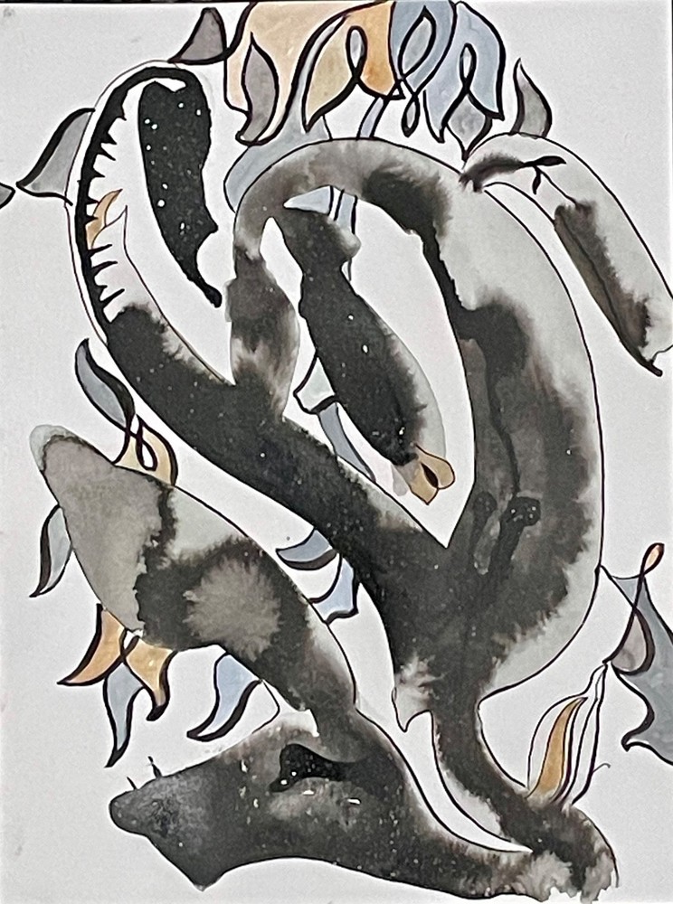 pAbstract metamorphic plant swan drawing Acrylic ink marker on paper 9 x 12
