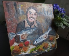 A generous man & two fishes fun modern portrait 8×8″ still life oil painting art
