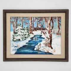 Vintage Winter Landscape Oil Painting Signed JR Birch Stream Forest Framed 20×16
