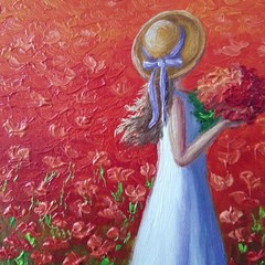 Original Oil Portrait Painting Woman Red Poppy Field Summer Canvas Art Romantic