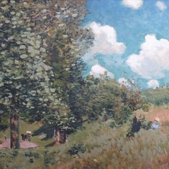 1975 Bucolic Countryside Landscape Painting Signed Sisley Figures Meadow 14×11