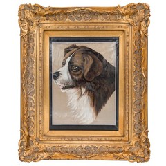 Antique Victorian St Bernard Dog Painting on Silk Behind Glass in Gilt Frame