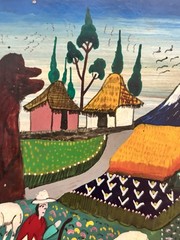 Folk Art Farm Landscape w/ Animals Mountain Painting on Wood, Small Unframed-6×4