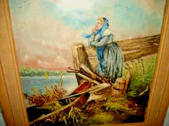 1900s Oil Painting French Peasant Lady Lake Boat Birds Textured Frame Nailheads