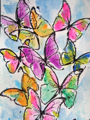 ACEO Colorful FLYING BUTTERFLIES Watercolor Painting COLLECTIBLE ART