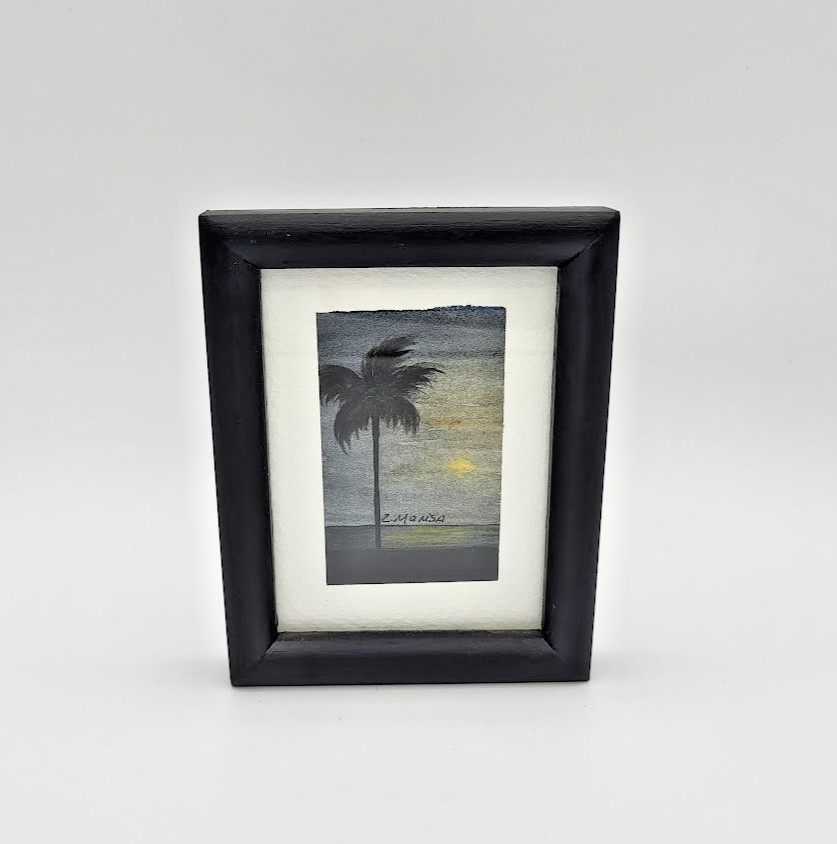 Beach Palm Sunset/Sunrise Mini Watercolor Painting Original Z. Manisa 5.5″x4.25″