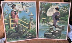 Pair Set Two 2 Vintage MCM Geisha Girl Woman Landscape Garden Painting PBN Art
