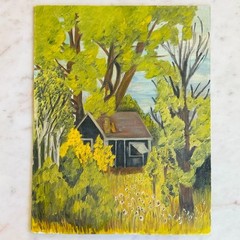 Hand Painted Cabin in the Woods Wall Art Painting on Canvas Signed 18×14″