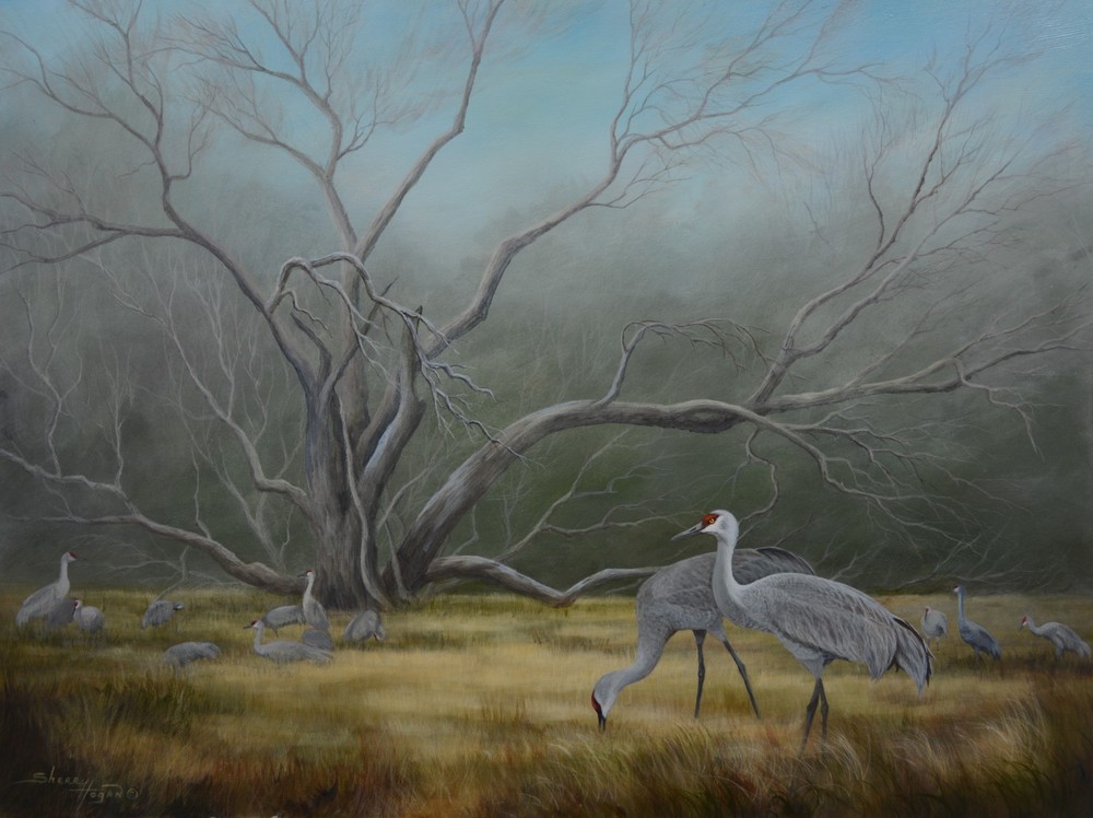 Acrylic painting• wildlife art • nature painting • Landscape, Sandhill Crane