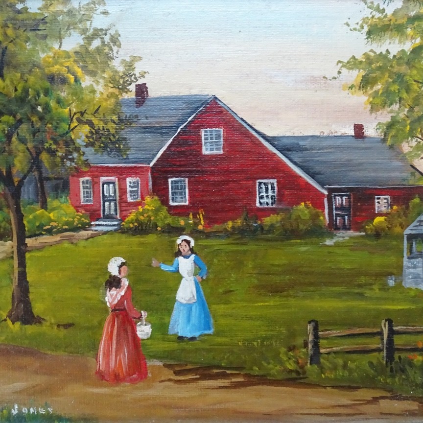 Vintage Miniature Folk Art Landscape Oil Painting Red Saltbox House Trees Signed