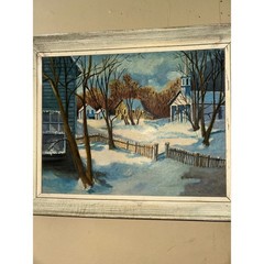 Vintage Winter Village Oil Painting Signed 1965 Framed Church Snow Scene Art