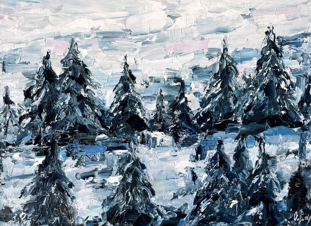 Foggy Mountain Abstract Original Impasto Oil Painting Pine Trees 10×14″ signed