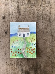 ACEO By Kenna Painting Landscape Watercolour Cottage 2.5” X 3.5” signed ÀTC