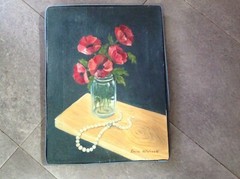 Old Folk Art Poppy Mason Jar Pearls on Plank~Original Painting Signed Kutolowski