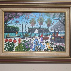 I. Mendez 1996 Signed Framed Canvas Naïve Folk Art Coastal Village Scene