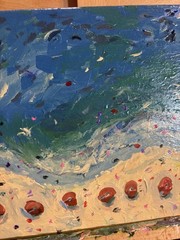 Umbrellas On Beach Landscape 8×10 Abstract Impression Original Fine Art Canvas